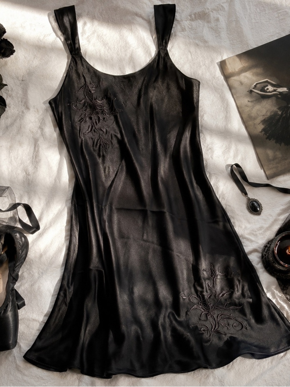 Vintage Black Satin Slip Dress Goth Balletcore Embroidered Y2K Dark Coquette